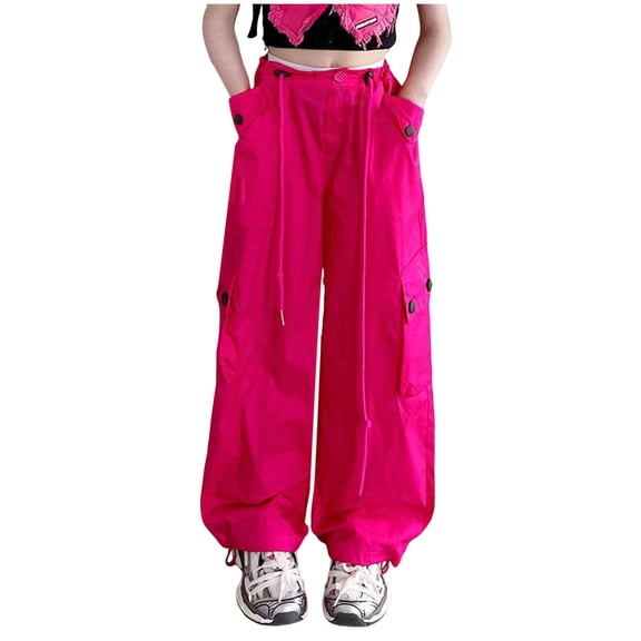 YDFCWXW Girls Drawstring Cargo Pants Casual Y2K Parachute Pants 5-16 Years (Hot Pink, 9-10 Years)
