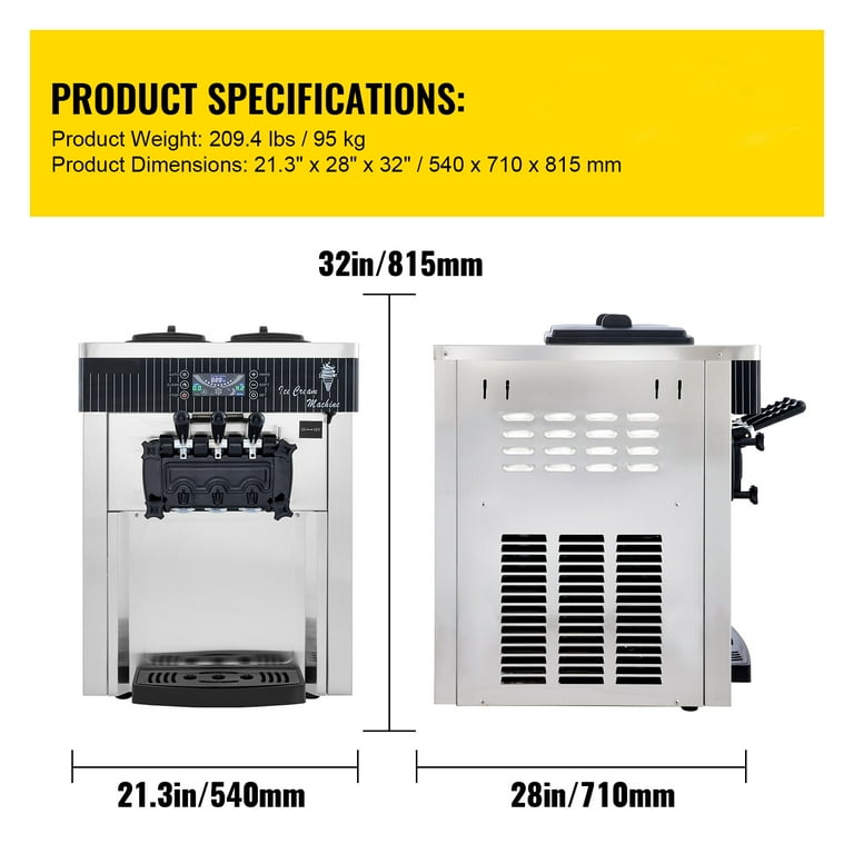 VEVOR Commercial Ice Cream Maker 5.3 to 7.4 gph Soft Ice Cream with LED Display Self Cleaning 3 Flavors Great for Restaurant Snack Bars 2200 Watt