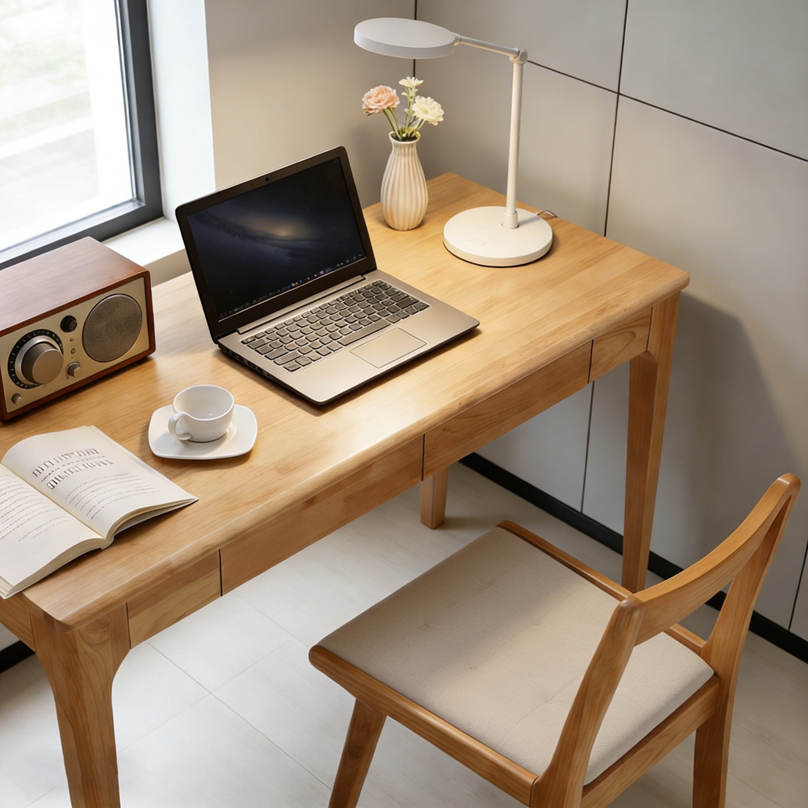 Solid Wood Desk with Drawers, Standing Desk with Smooth Edges, Home Office Desk for Small Spaces, Mid Century Modern Desk for Study, Bedroom, Living Room, Office