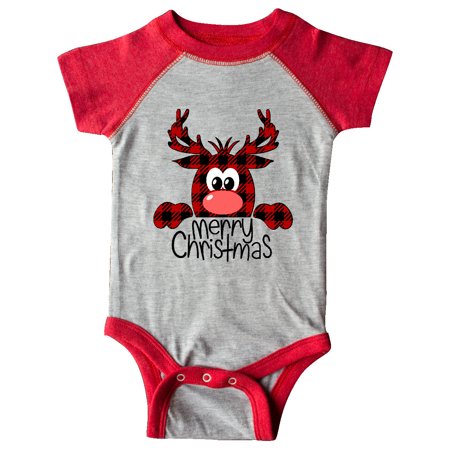 

Inktastic Merry Christmas Red Plaid Peeking Reindeer Gift Baby Boy or Baby Girl Bodysuit
