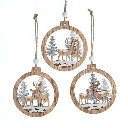 Kurt Adler Wooden Ornaments for Christmas Tree, Reindeer with Tree, Assorted (Pack of 3)