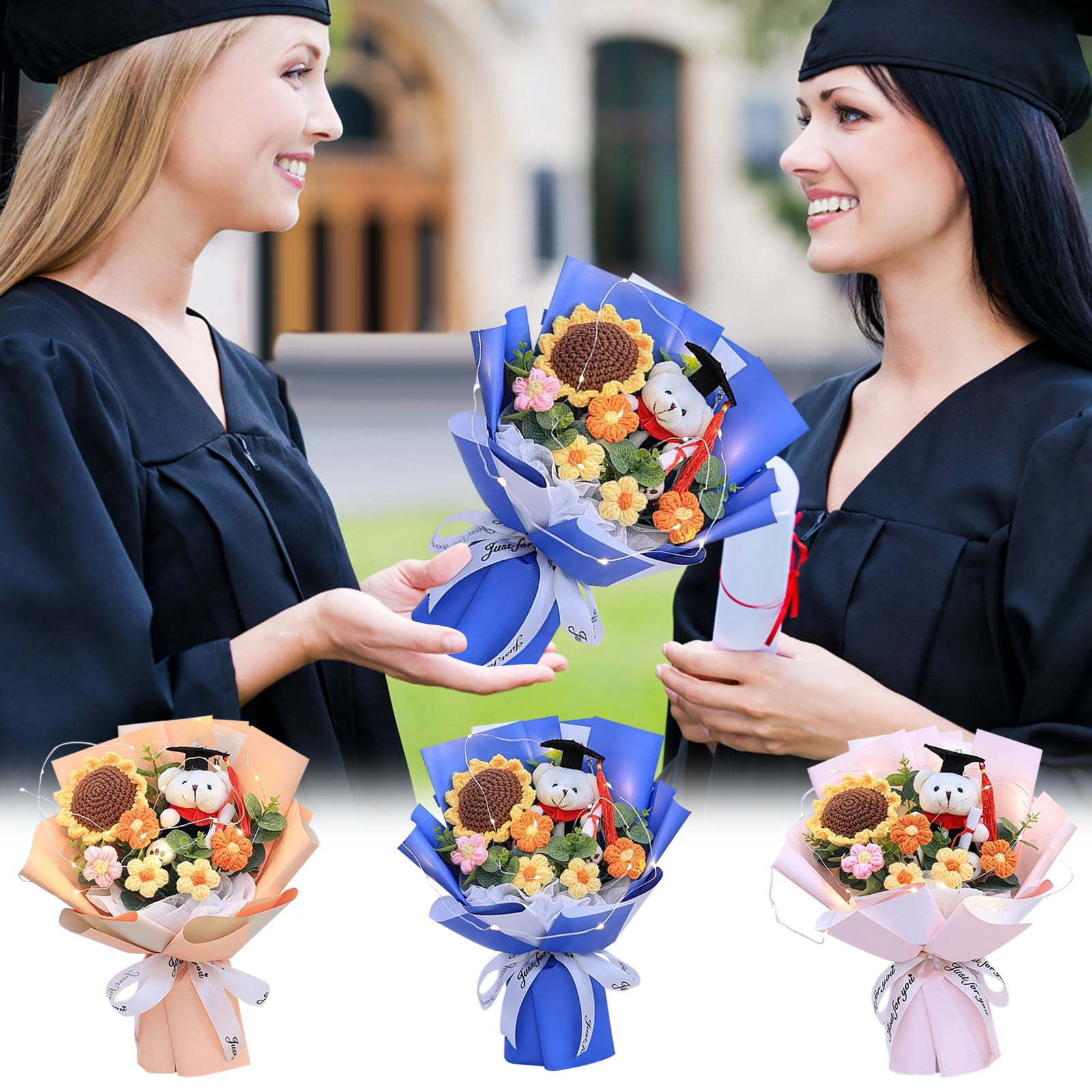 Zhourta Graduation Plush Flower Bouquet Knitted Bear PhD Teddy with Faux Sunflower Gift for Graduates Valentine's Day and Anniversary