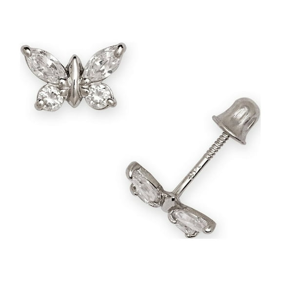 Jewelryweb Solid 14k White Gold Cubic Zirconia CZ Butterfly Angel Wings Screw Back Stud Earrings (clear cz)-Stud Earring