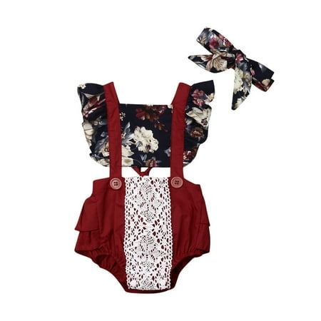 

Canrulo Newborn Baby Girls Short Sleeve Sunflower Ruffle Romper Bodysuit Headband Summer Outfits Red 18-24 Months