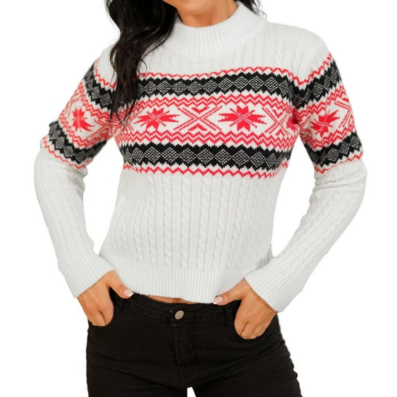 ZAFUL Women's Cute Christmas Snowflake Pattern Decorated Knit Crew Neck SweaterWhite L