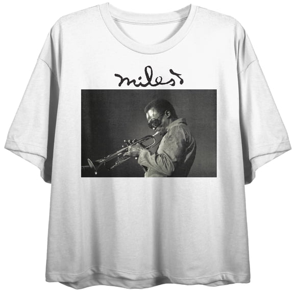 Miles Davis Photo Graphic And Signature Women's White Cropped Tee-Large