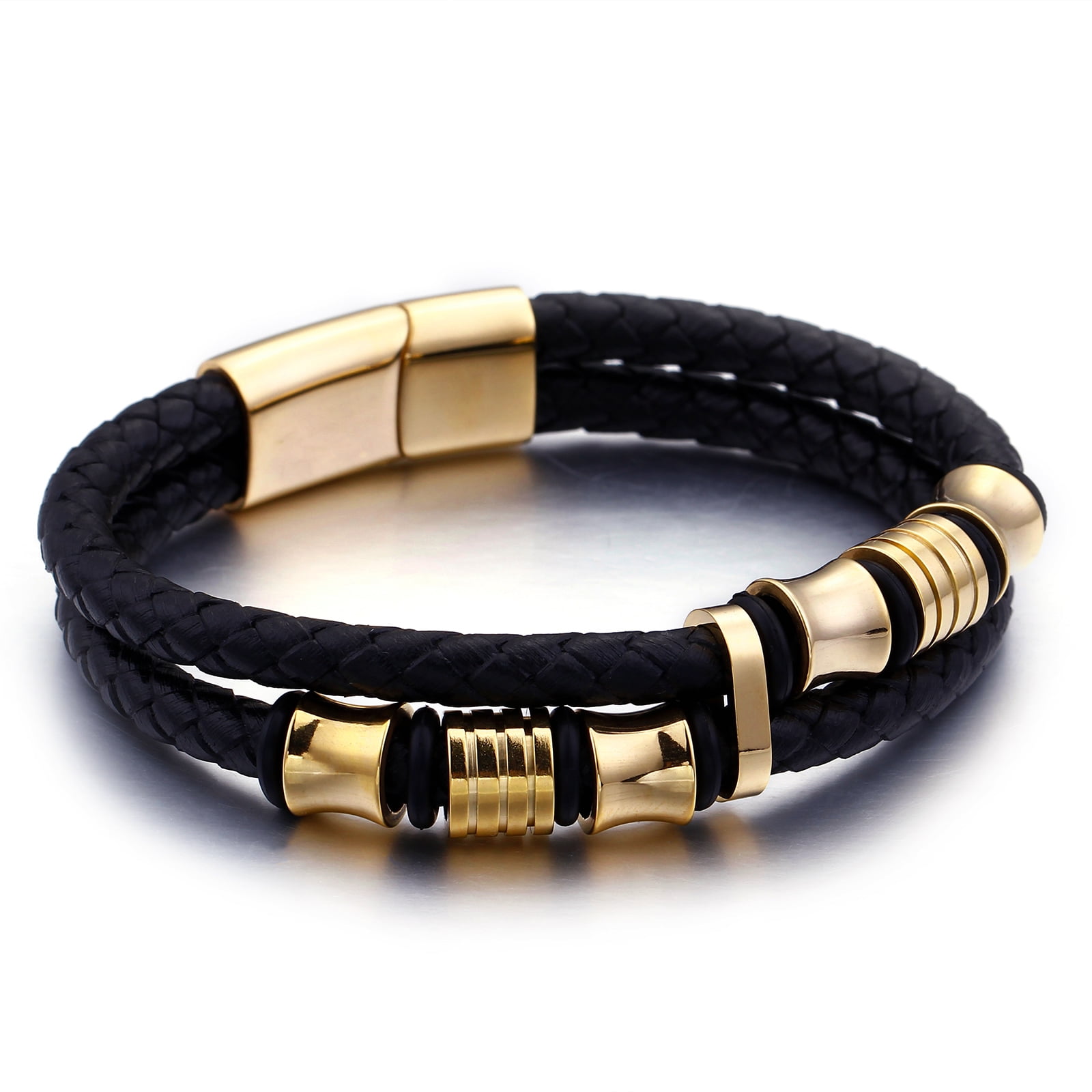 Braided Leather and Gold-Plated Bracelet