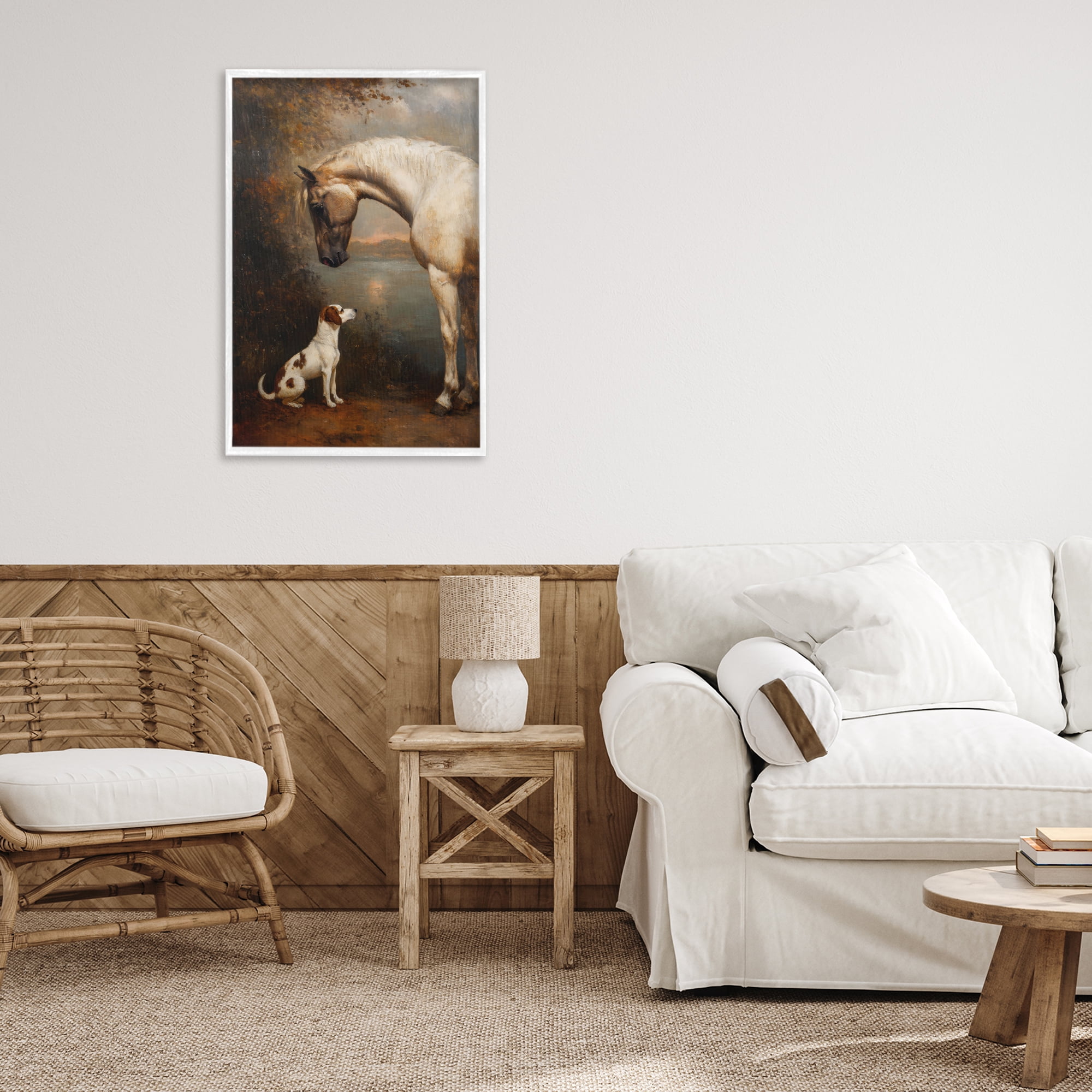 Stupell Industries Hound & Horse Vintage View White Framed Giclee Art, design by Petal Prints Design