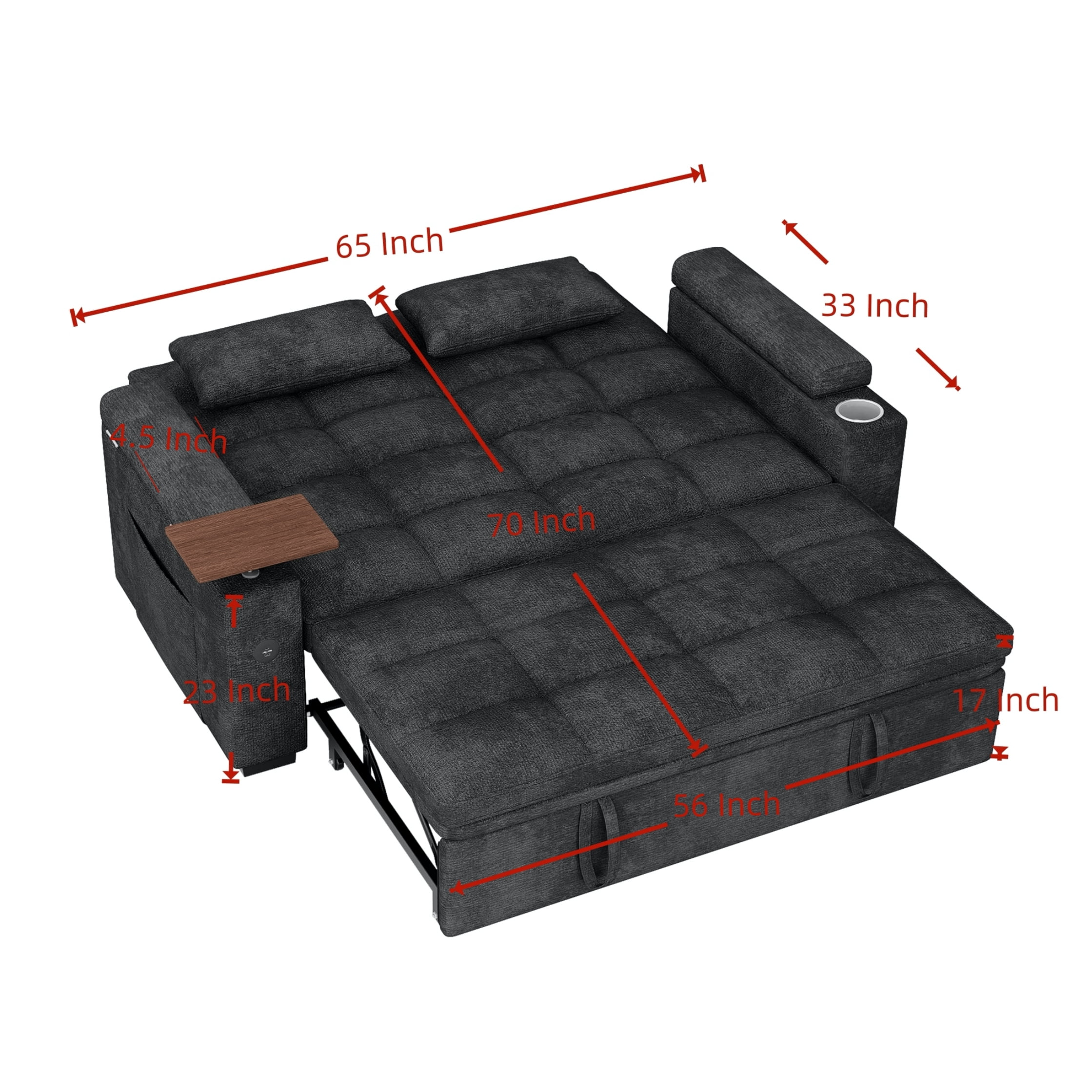 Vinform 65" Sleeper Sofa Bed, 3 in 1 Convertible Pull-Out Loveseat with Side Storage & Arm Table & Cup Holder, Blue