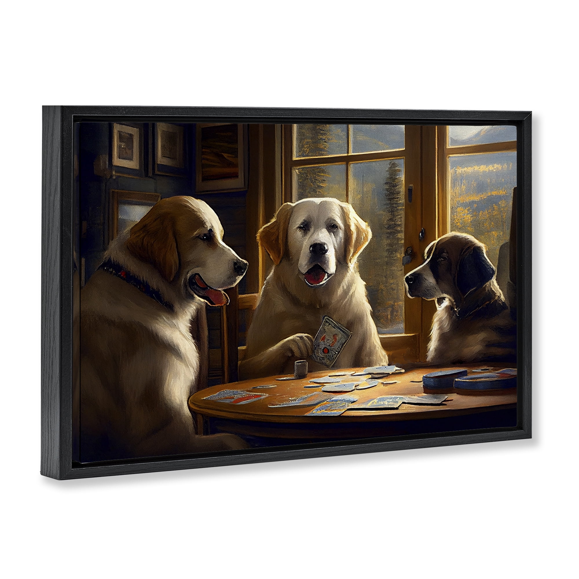Stupell Industries Dogs Playing Card Game Entertainment Painting Black Floater Framed Canvas Art Print Wall Art, 31 x 21