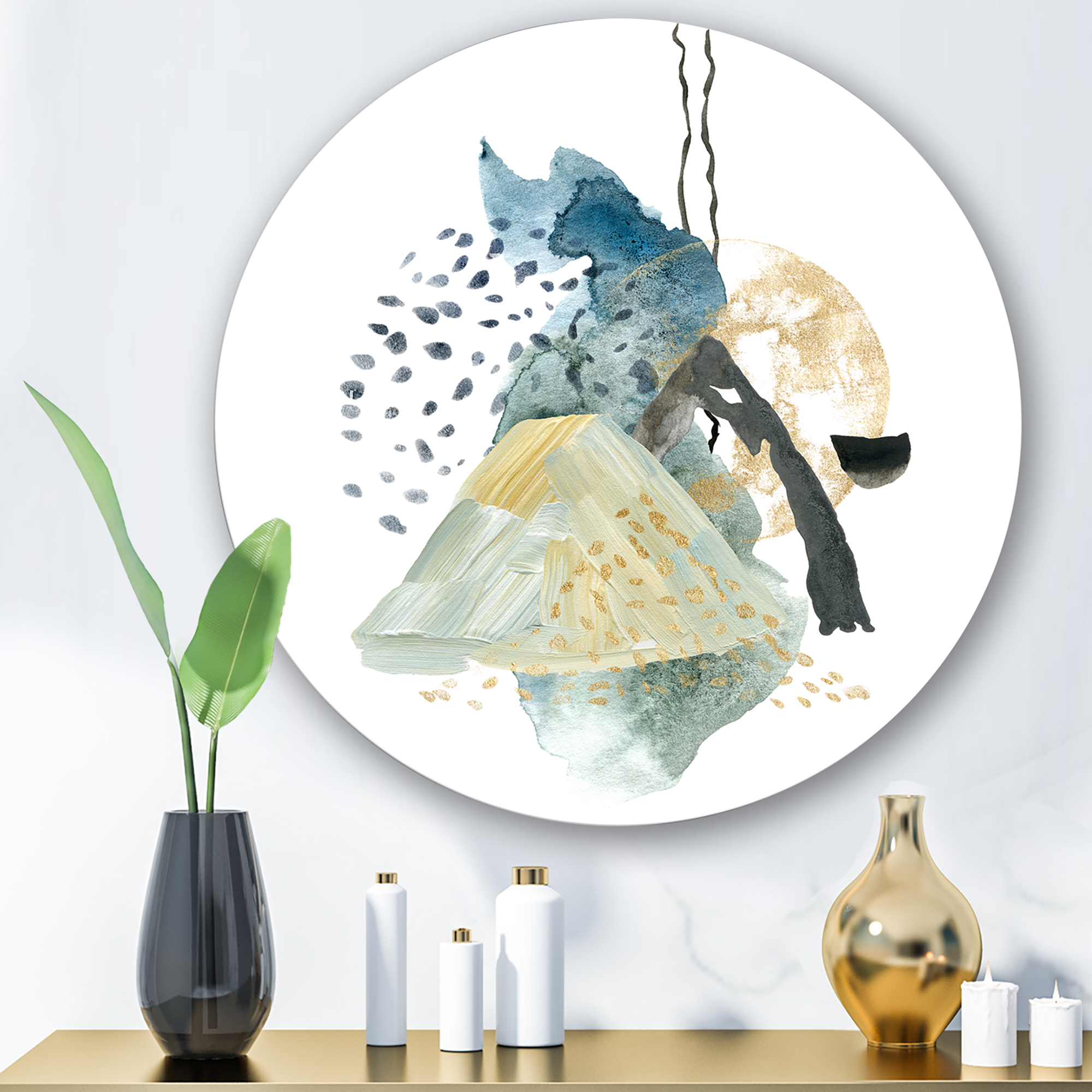 Designart 'Mountain Moon With Gouache Of Abstract Landscape' Modern Circle Metal Wall Art 11x11 - Disc of 11