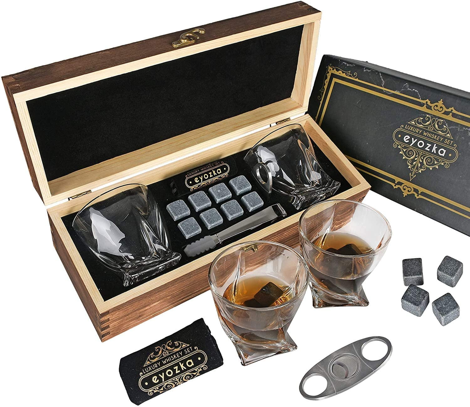 Eyozka Whiskey Glass Set Gift Box Cigar Cutter And Whiskey Stones Included Chilling Stones Gift Set Scotch Bourbon Glasses Bar Accessories Reusable Ice Cubes Unique Gifts For Men Walmart Com