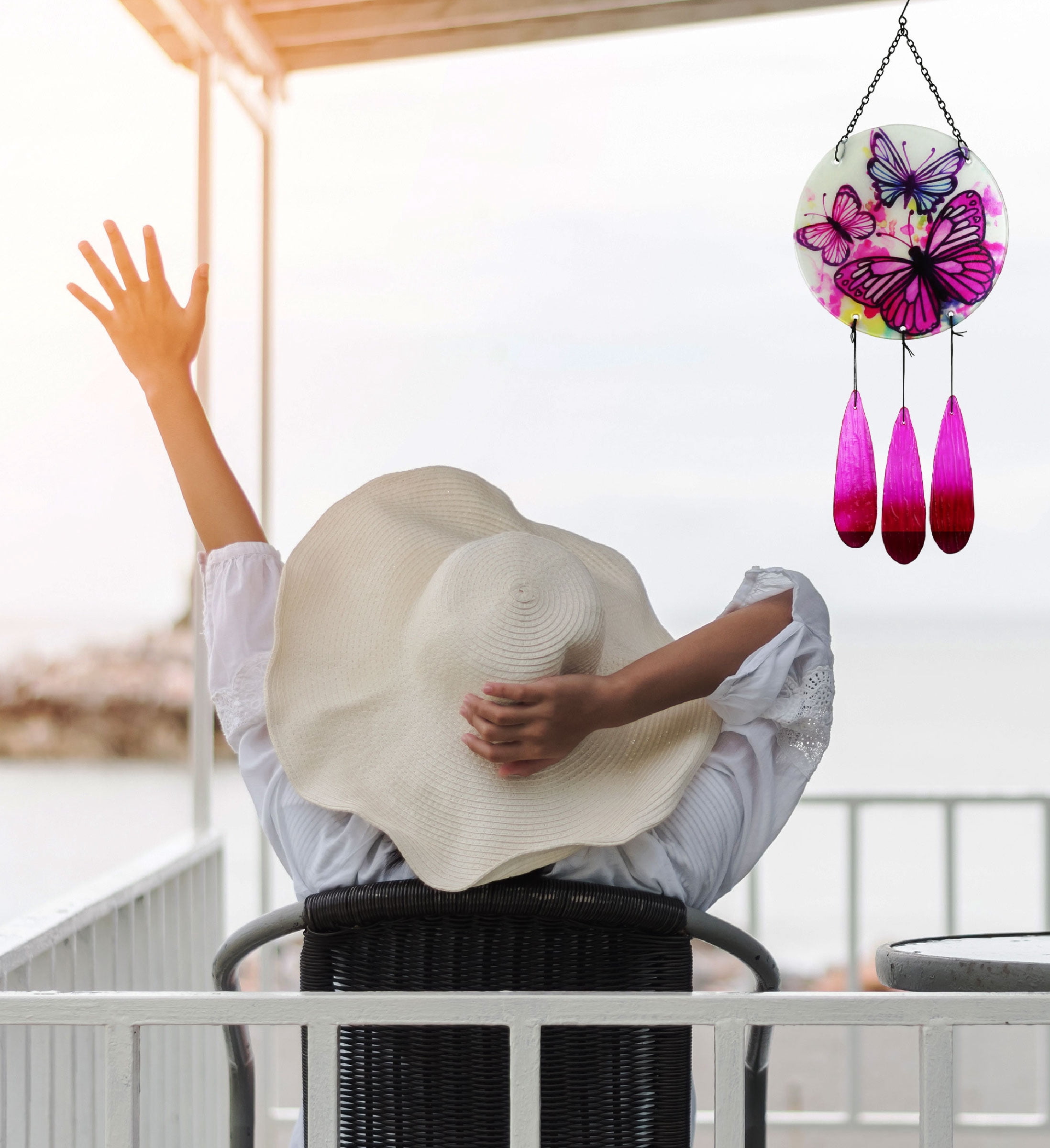 CoTa Global Circle Butterfly Wind Chime - Handmade Glass & Metal Chime, Colorful Butterflies Hanging Home Decor Gift, Indoor & Outdoor Cute Nature Art Decoration For Porch, Patio & Garden - 21.7"