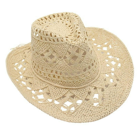 Grandest Birch Women Cowboy Hat Hollow Out Solid Color Unisex Curled Edge Strap Decorative Thin Vintage Braided Jazz Hat Headwear ,Gift