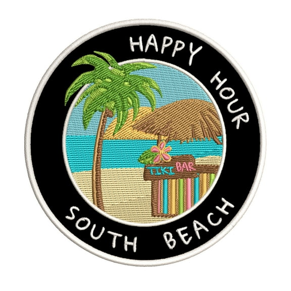 Happy Hour! South Beach, Florida 3.5 Inch Iron Or Sew On Embroidered Fabric Badge Patch Ocean Beach, Salt Life Iconic Series