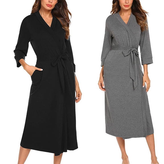 Ashirexll Sleep Shirts for Women, Nightgowns for Women Casual V-Neck Belted 3 4 Sleeve Long Shirt Fashion Sleepwear