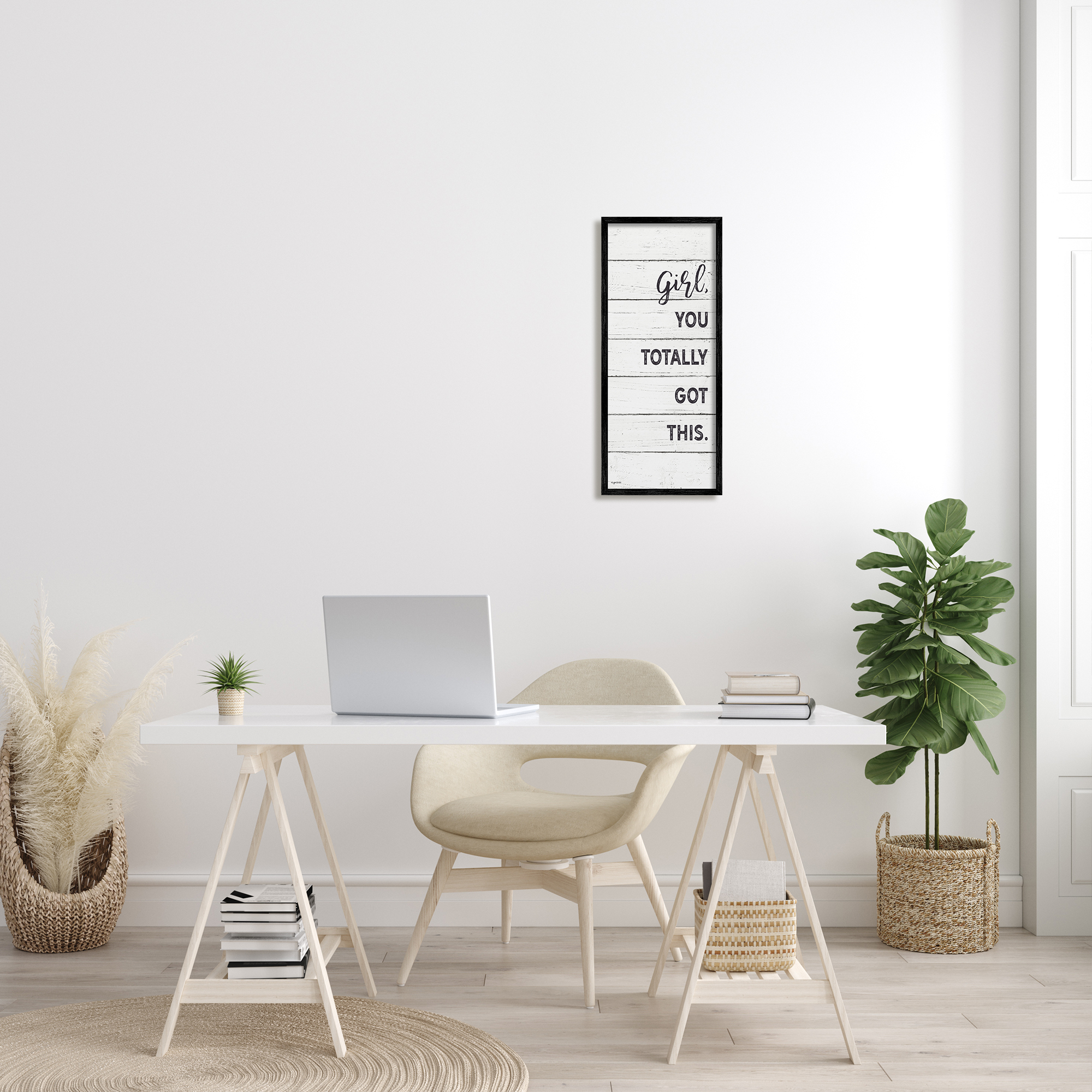 Stupell Industries Girl You Totally Got This Phrase Minimal Plank Pattern Rustic Painting Black Framed Art Print Wall Art, 10 x 24, Design by Kyra Brown