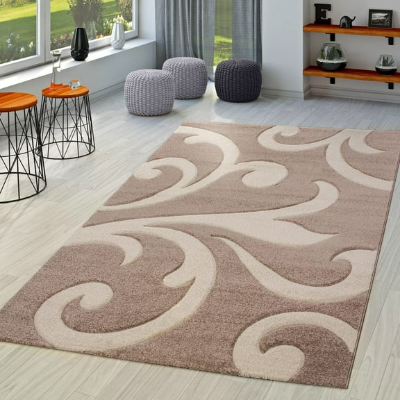 Brown Beige Area Rug with Contour Cut and Modern Swirls Pattern, Size: 2' x 3'7"