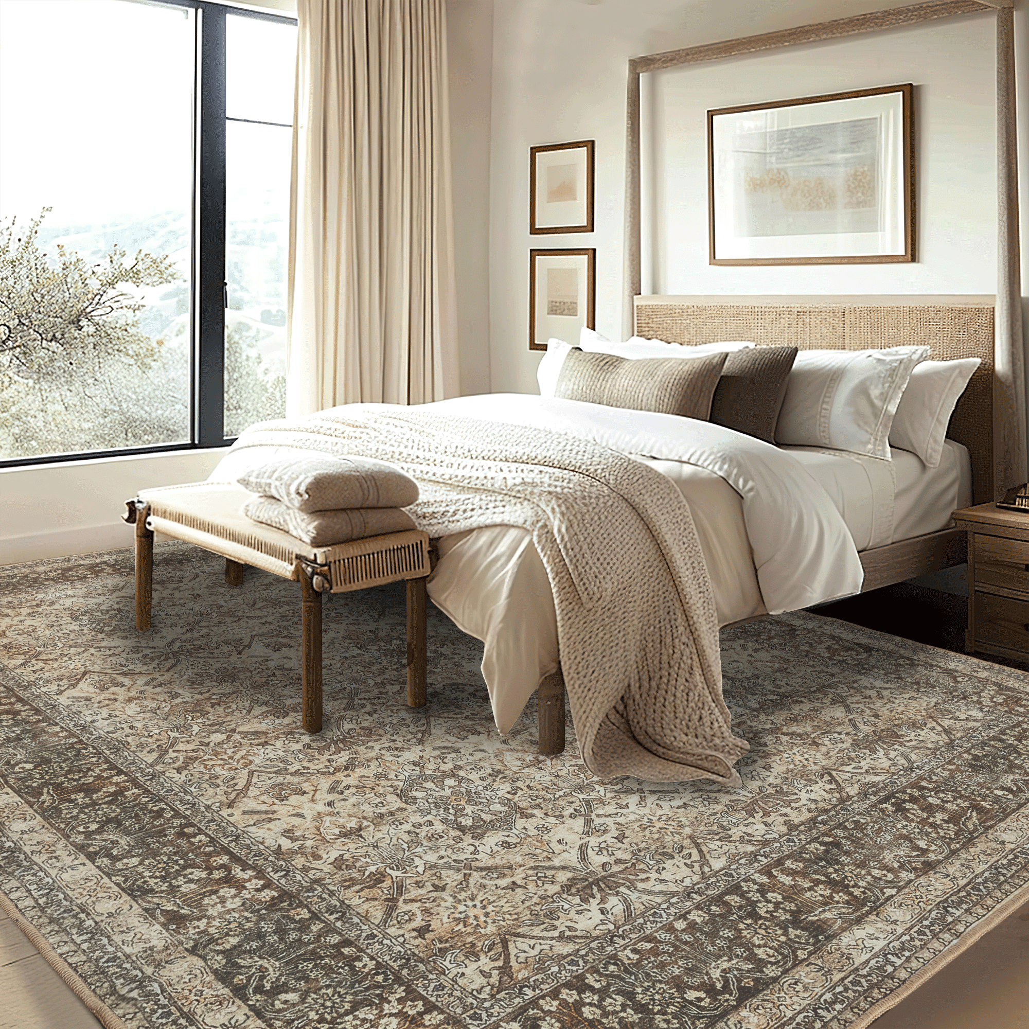 NICETOWN Washable Rug Vintage Area Rug, 5'x8' Thin Machine Washable Rug Non-Slip Foldable Pet-Friendly Area Rugs for Bedroom Living Room, Brown