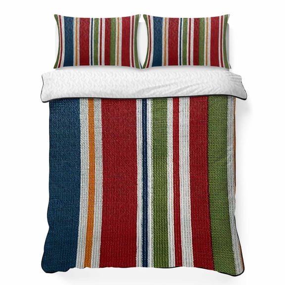 Quilts King Size Bedding Set, Red Green Striped Lightweight Quilted Comforter, Farmhouse Vintage Minimalist Stripe Soft Reversible Bedspread Coverlet with Pillow Covers for All Season, 96" x 106"