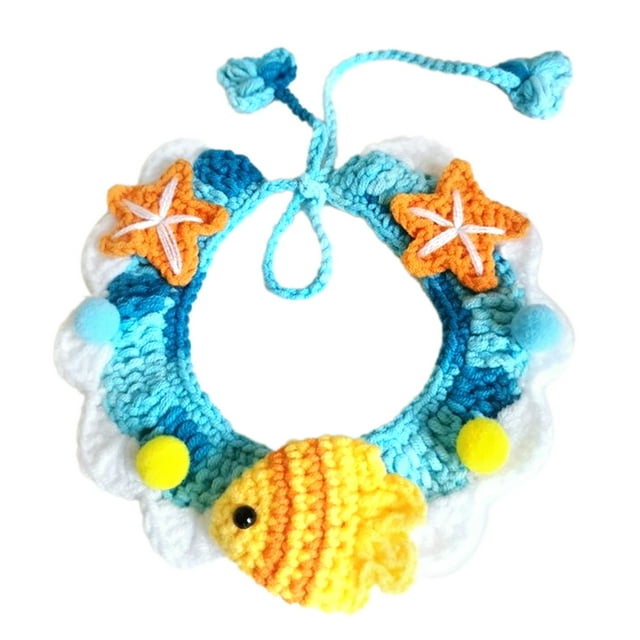 Collar de punto para mascotas, tejido a mano, transpirable, cómodo y elegante, con cordón ajustable, para gatos y perros, talla Sea World L, 30 cm/11,8 pulgadas