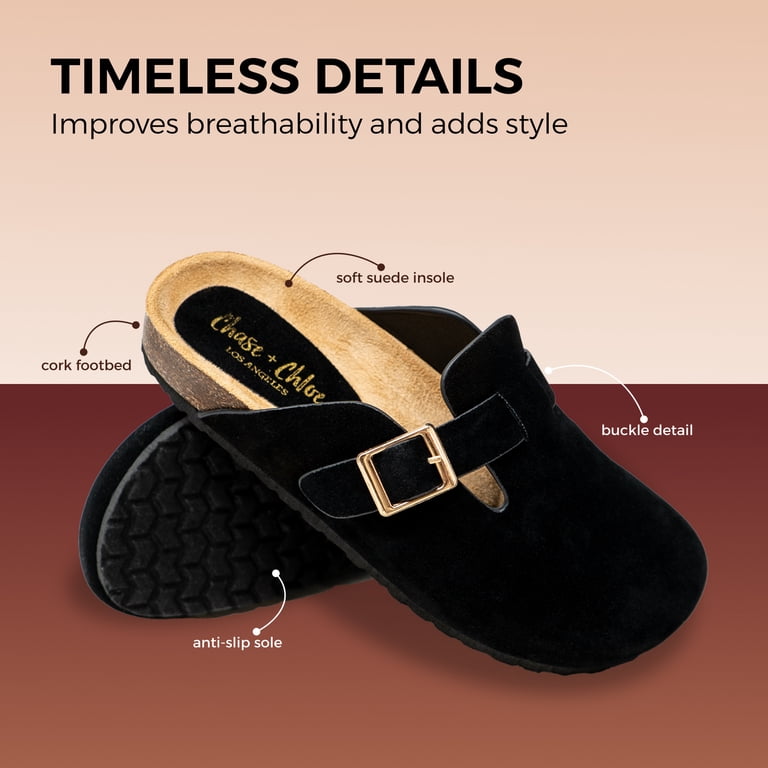 Chase & Chloe Women's Suede Clogs Adjustable Buckle Mules Cork