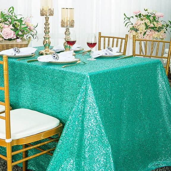 Wedding Linens Inc. 90'' x 156" Rectangular Sequin Taffeta Tablecloth - Tiff Blue / Aqua Blue