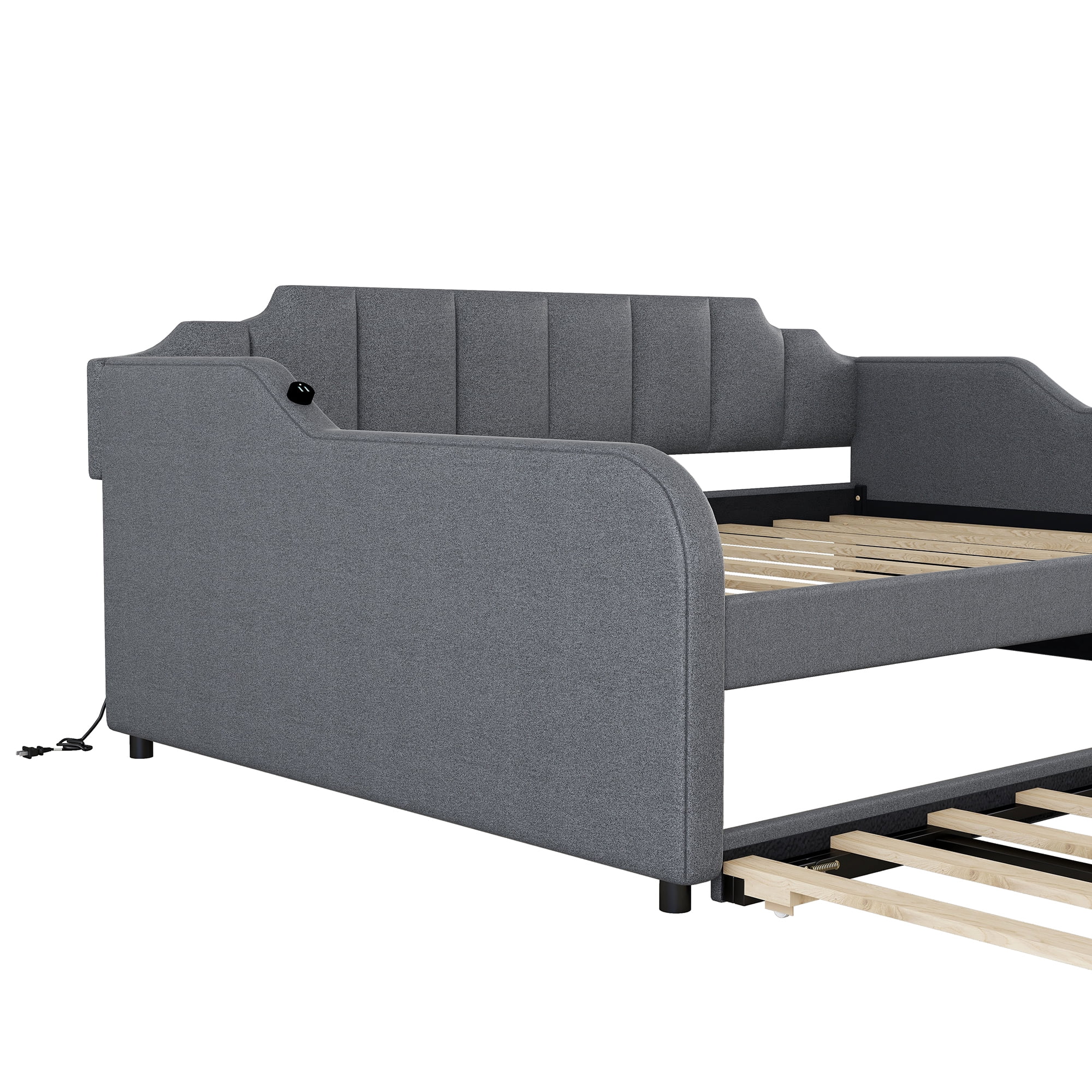 Euroco Full Size Daybed with Trundle, Upholstered with Padded Back for Kids, Gray