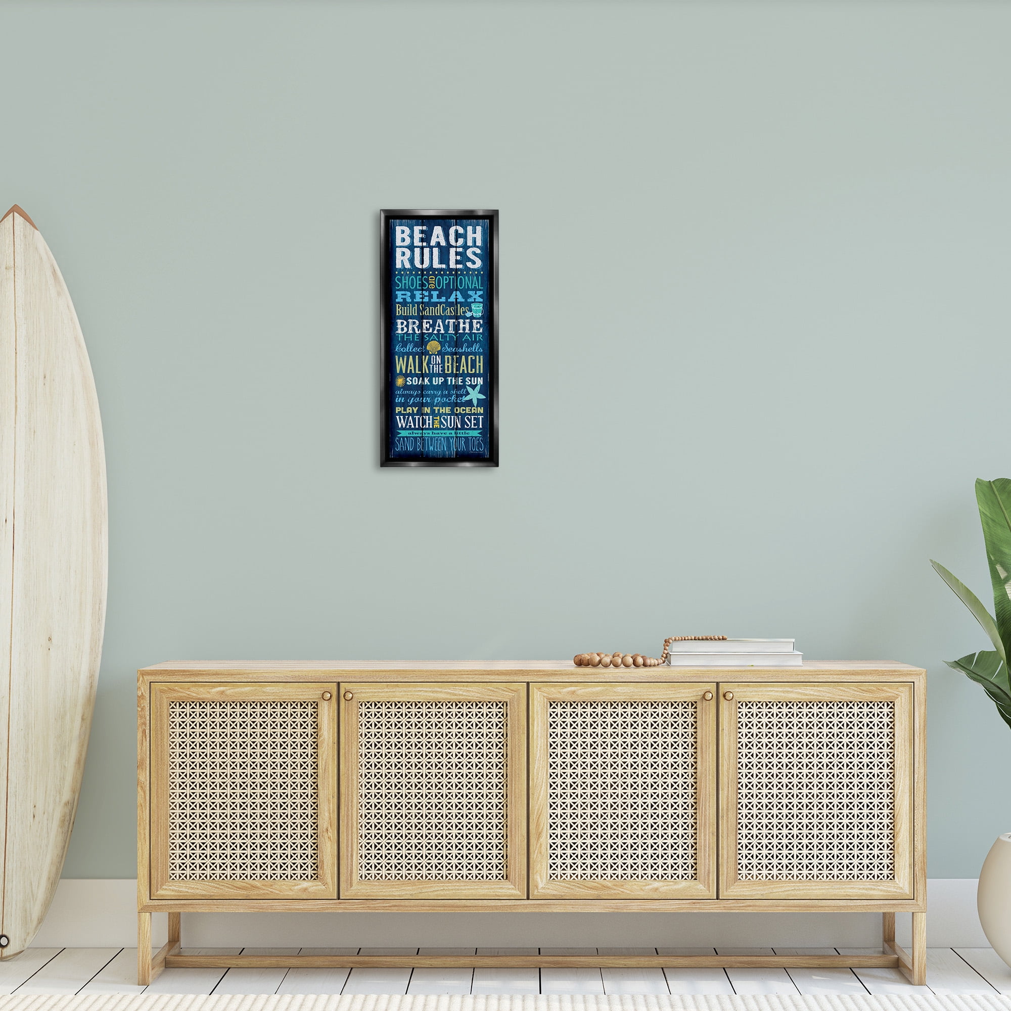 Stupell Industries Blue Planked Beach Rules Sign Nature Painting Black Floater Framed Canvas Art Print Wall Art, 11 x 25