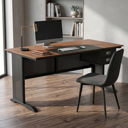 63" Spacious Computer Desk with 2 Drawers – Rustic Brown & Black Gaming Writing Desk for Home Office, Study, Modern Simple Design (Chair not included)