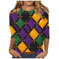 thumbnail image 2 of Cavosen Mardi Gras Ladies Tops 3/4 Lengh Sleeve Carnival Color Block Blouse Crewneck Party Festival Shirts Casual Stylish Holiday Tops Dressy Party Funny Tees Vacation Purple XL, 2 of 5
