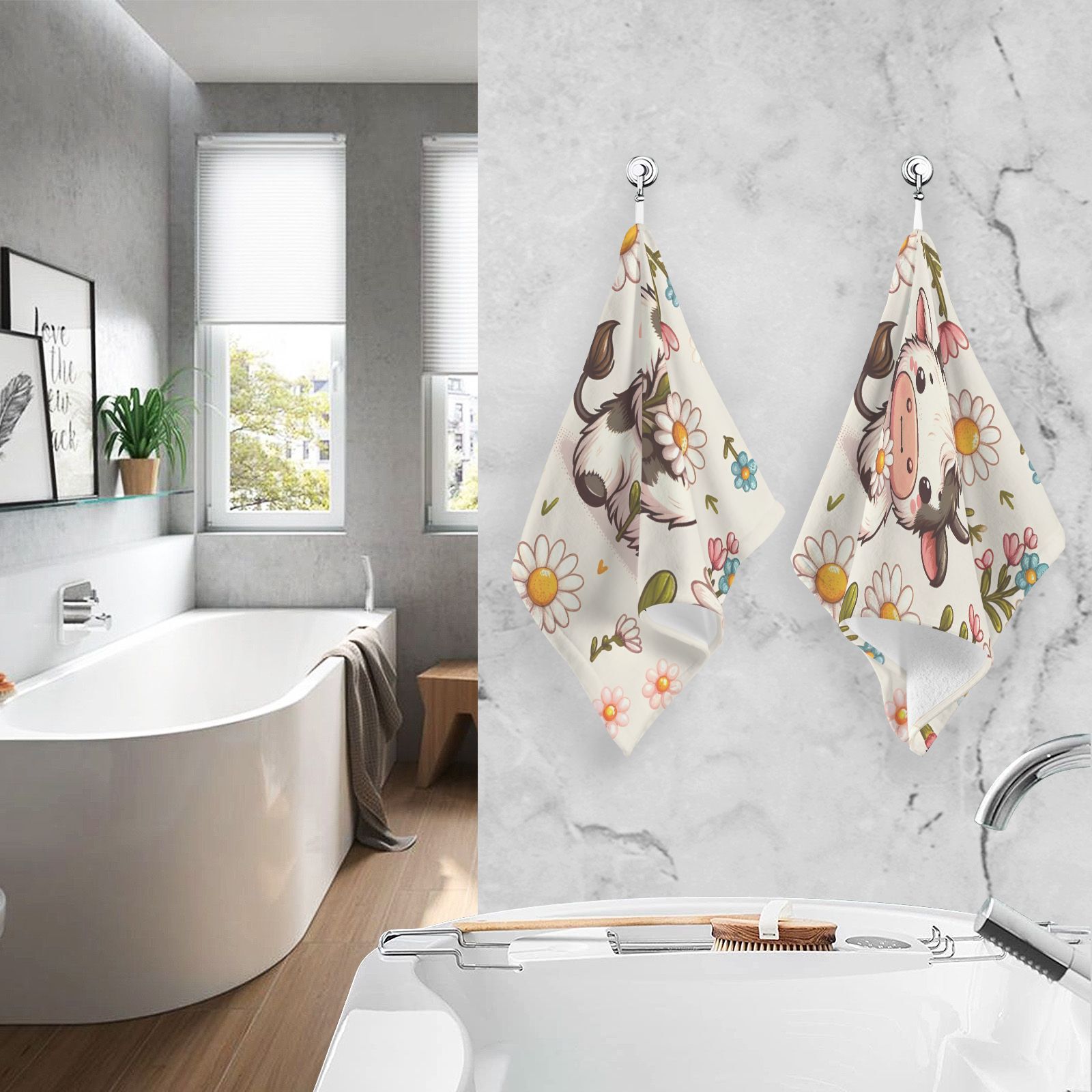 Cow on Flowers Hand Towel Bath Towels Face Towels Cotton Absorbent for Home Hotel Spa Swimming Yoga Sports Decorative Towel Set of 2