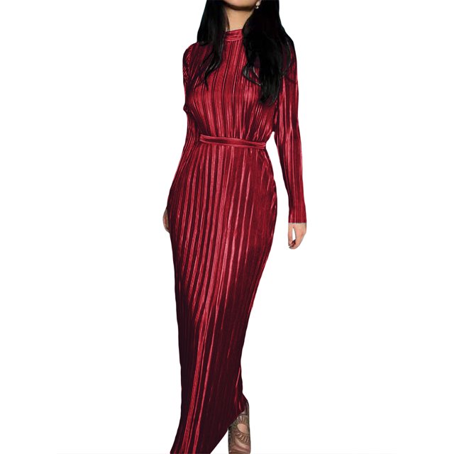 Diconna Women's Spring Autumn Long Dress Solid Color Long Sleeve Half High Neck Ruched Tie Up Dress