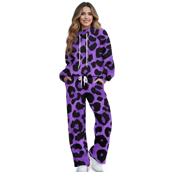 Xixirimido Leopard Purple Print Lounge Sets for Women Sweatsuits for Fall Winter 2 Piece Outfits Long Sleeve Sweatshirt Wide Leg Sweatpants Tracksuit Matching Set, X-Small