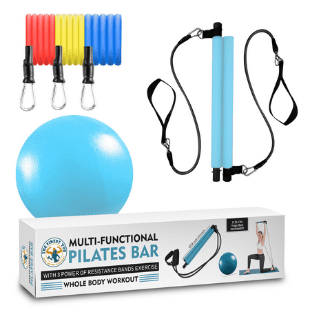 Multi-Functional Resistance Pilates Bar Kit with 3 Power Resistance Bands Portable Home Gym Workout Package, Toning Bar Yoga Pilates Stick for Total Body Workout Yoga Ball Included
