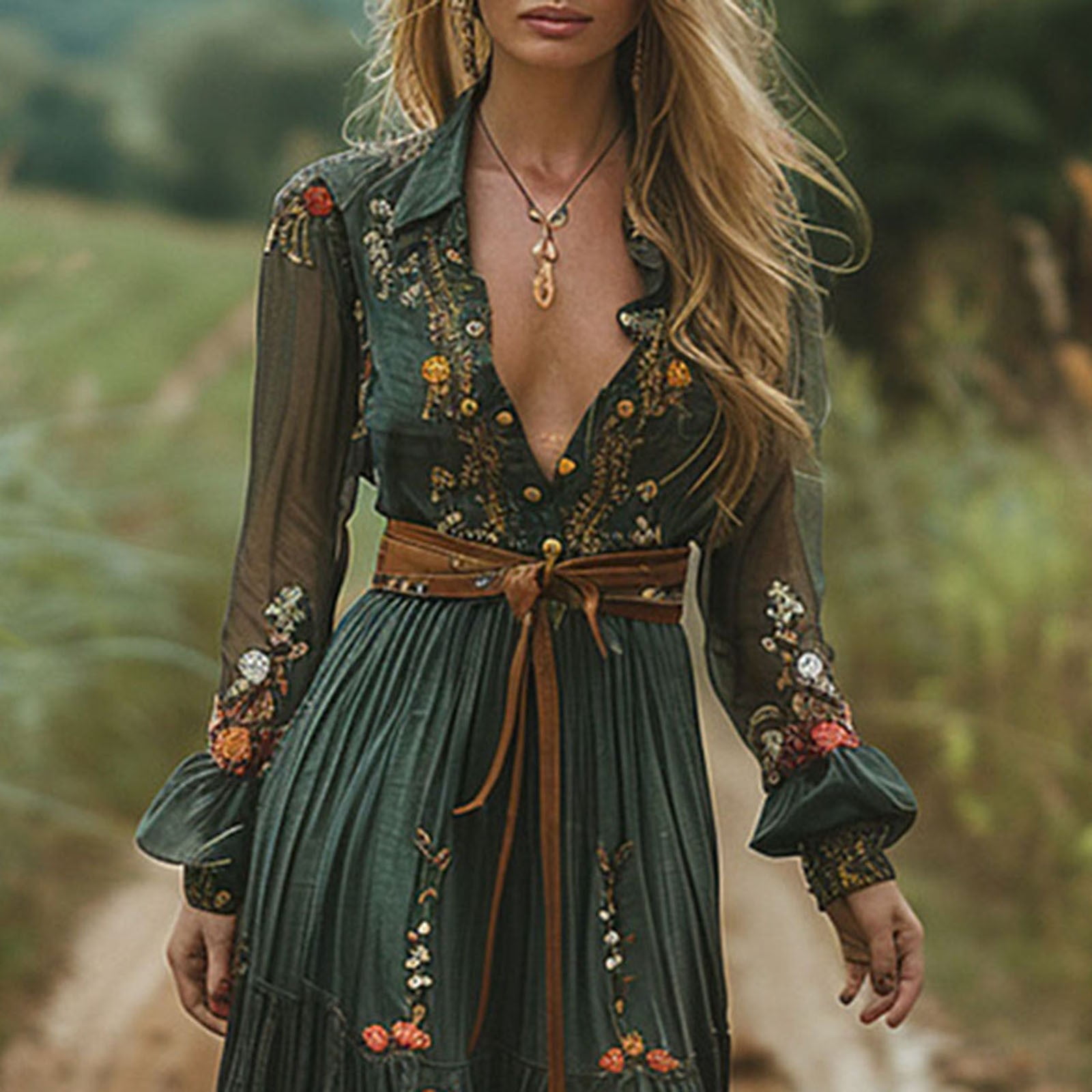 HSHMT Skirt Suits for Women Women's Vintage er Long Dress Sexy V Neck Long Sleeve Fall Casual Maxi Dress