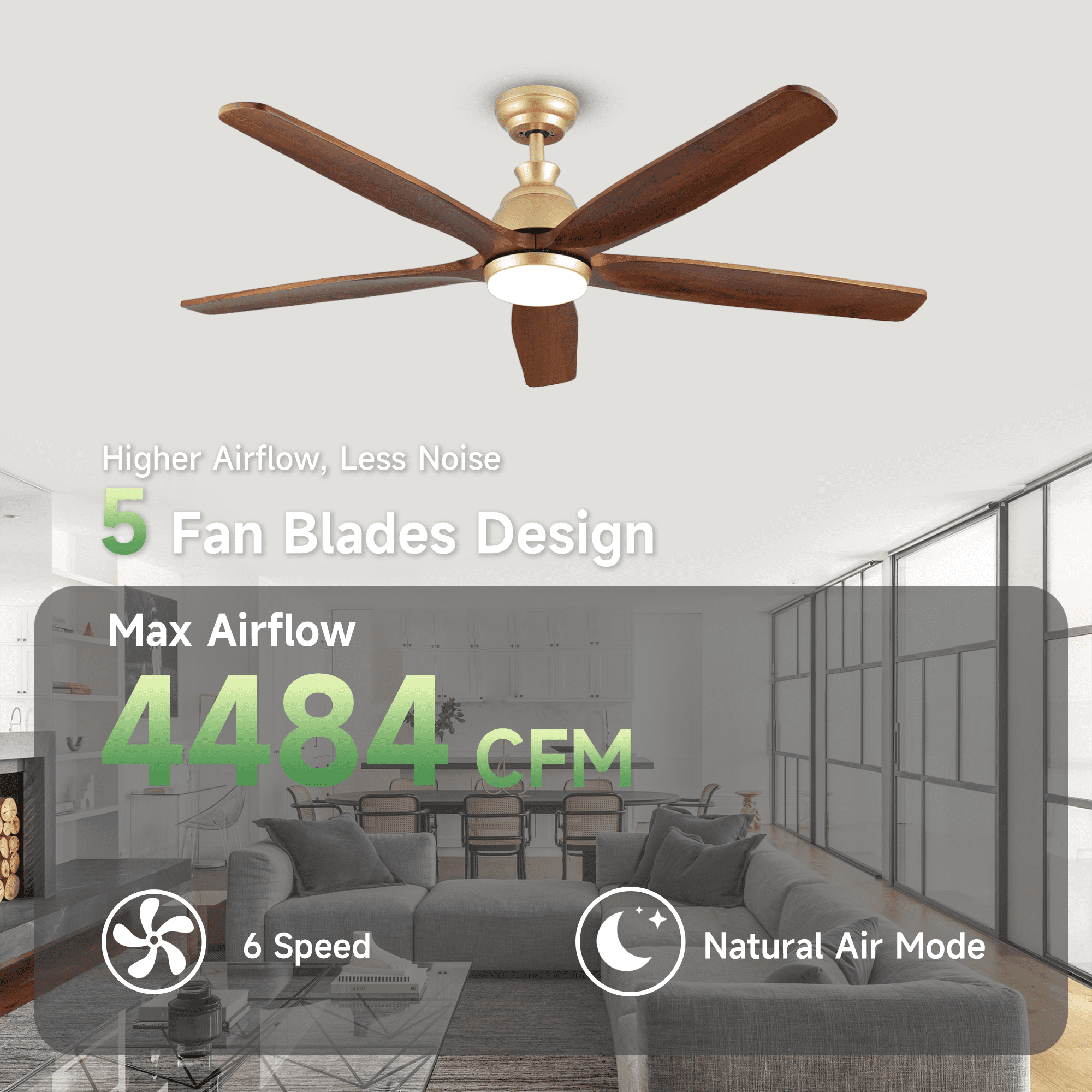 52 inch Gold Ceiling Fan with Light, Solid Wood 5 Blades Modern Farmhouse Large Airflow Brass Ceiling Fan for Indoor Outdoor Bedroom Kitchen Porch