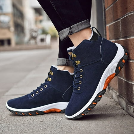 

HRSR Men Winter High Shoes Soft Leather Boots Warm Leather Shoes Outdoor Travel Cotton Sneakers(Blue 43)