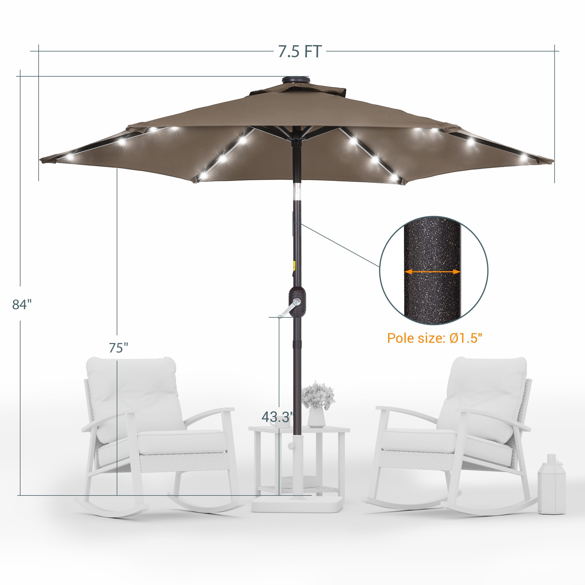 ACEGOSES 7.5ft LED Solar Outdoor Patio Market Table Umbrella with Polyester Canopy for Garden,Yard and Poolside, Taupe
