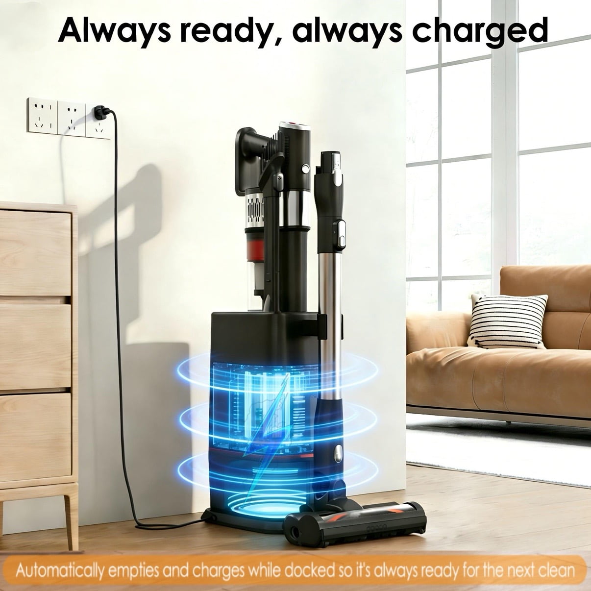 Cordless Vacuum Cleaner, 650W 45KPA 45Mins Self-Standing Vacuum Cleaner with Charging Station for Hard Floor Carpet Car Pet Hair Sofa, Self-Emptying Station, Anti-Tangle Brushroll, LED Headlights