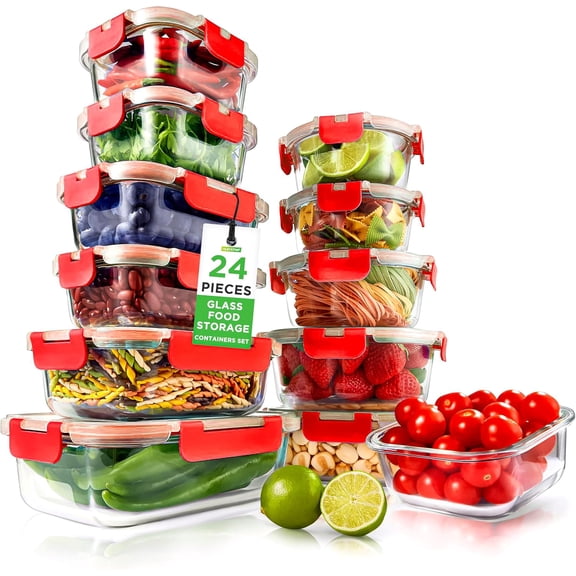 NutriChef 24-Piece Glass Food Storage Set with Locking Hinge Red Lids - Superior Quality