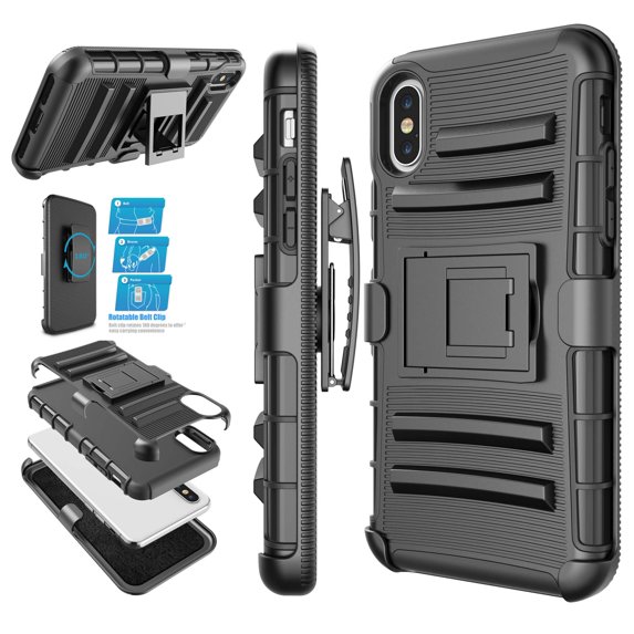iPhone Xs Max Case, iPhone Xs Max Holster Belt, Case For 6.5" iPhone Xs Max, Njjex Shock Absorbing Locking Clip Defender Heavy Kickstand Carrying Armor Cases For iPhone Xs Max 6.5" 2018