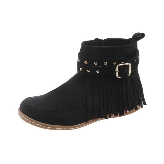 Xfvqtps Womens Casual Ankle Boots Flat Studded Tassel Winter Fashion Booties Side Zipper Pull on Buckle Decor Boho Boots for Outdoor Leisure