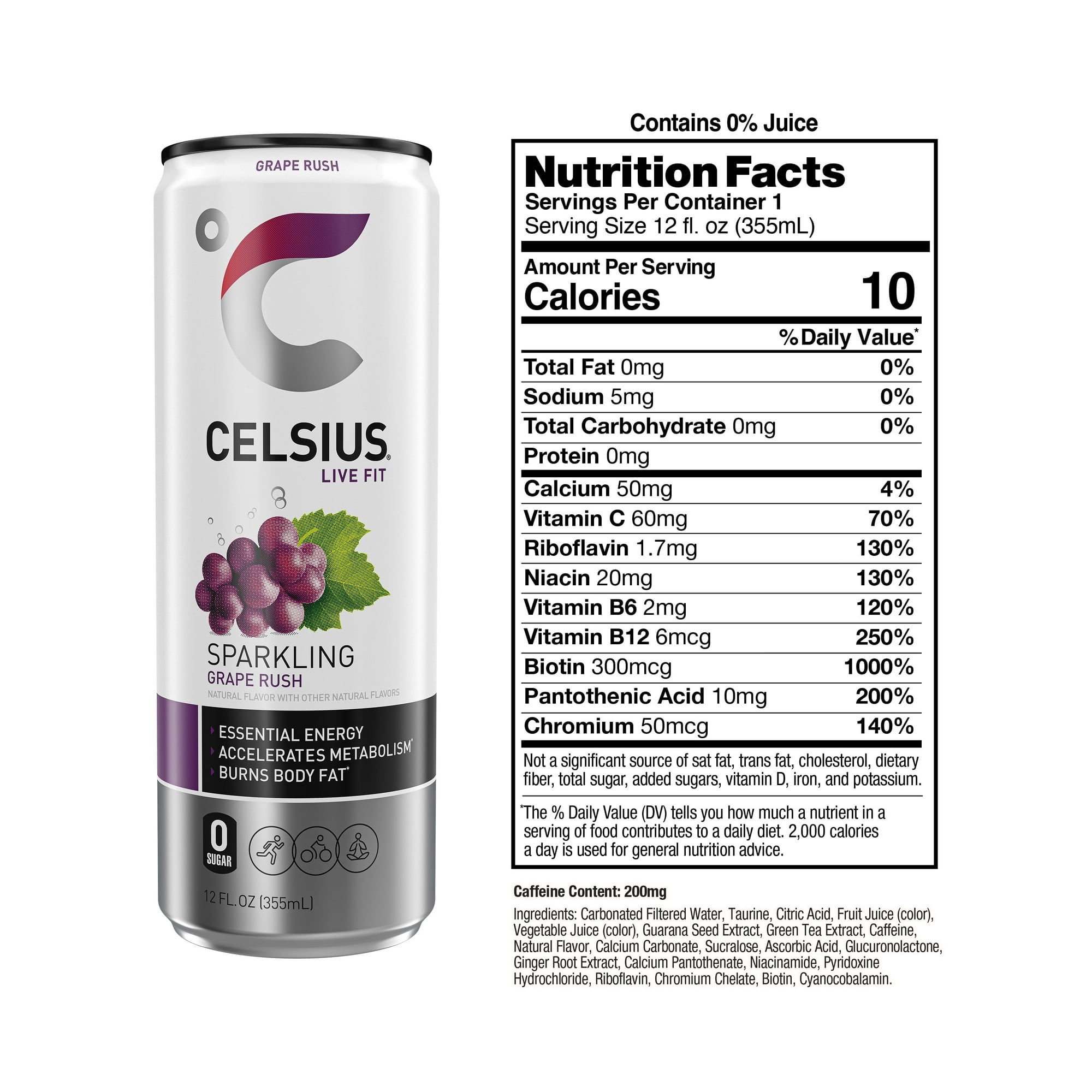 Pack of 12, Celsius Sparkling Grape Rush Energy Drink, 12 fl oz