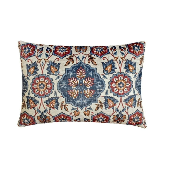 The HomeCentric Decorative Oblong Pillow Cover Blue & Red, 12"x16" (30x40 cm) Velvet Printed, Moroccan, Persian Cushion Covers For Sofa, Couch, Bed And Patio, Floral Contemporary - Amina