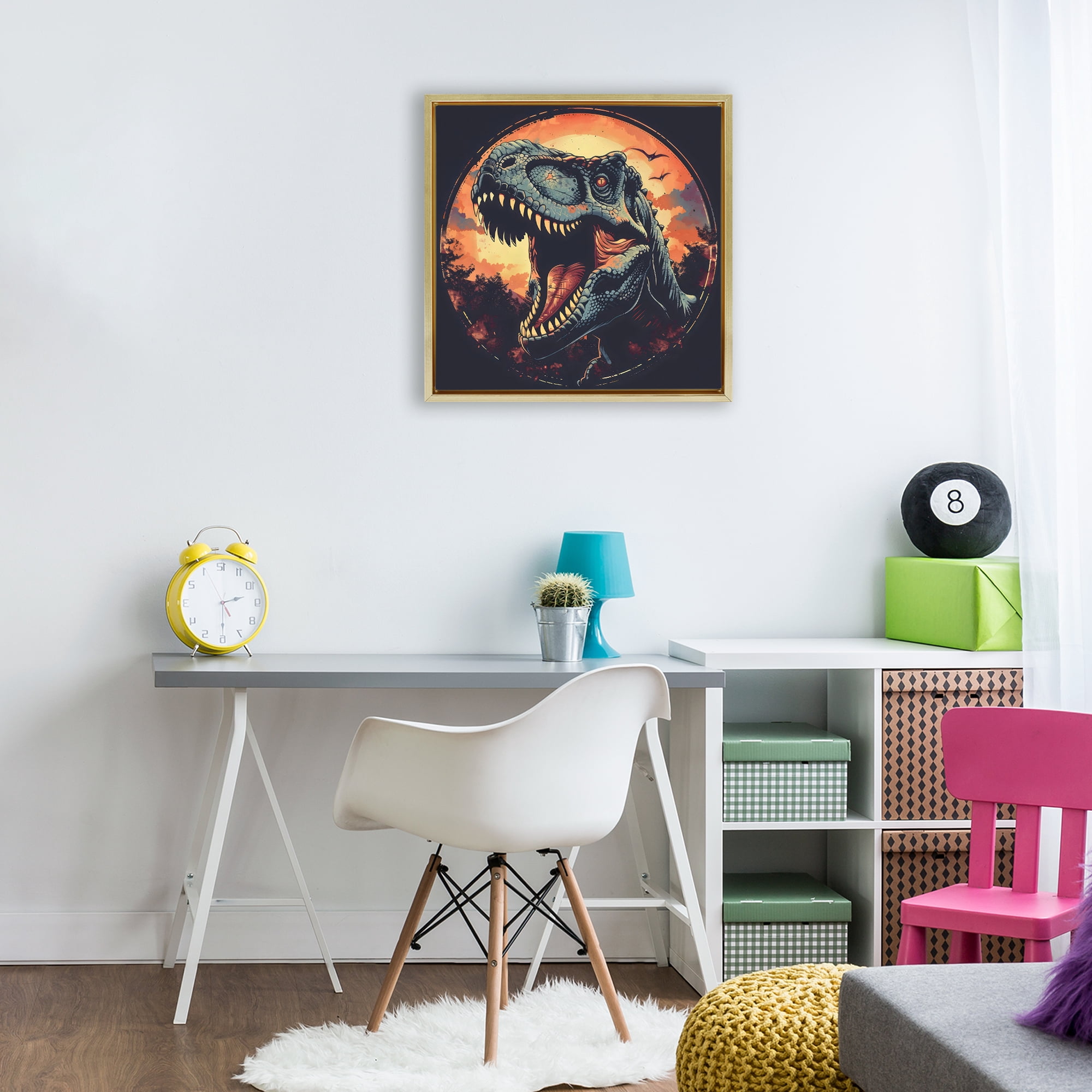 Stupell Industries Ancient Dino Roaring at Sunset Gold Framed Floater Canvas Wall Art, design by Creative Studio