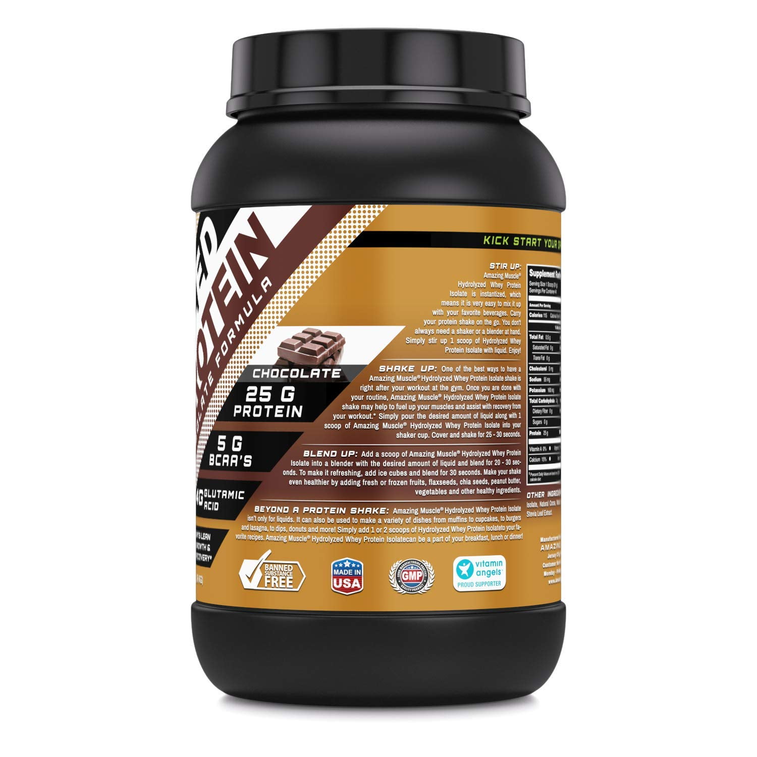 Amazing Muscle Hydrolyzed Whey Protein Isolate 3 Lbs Powder Supplement | Chocolate Flavor | 44 Serving | 1 Scoop 31g | Non-GMO | Gluten-Free |