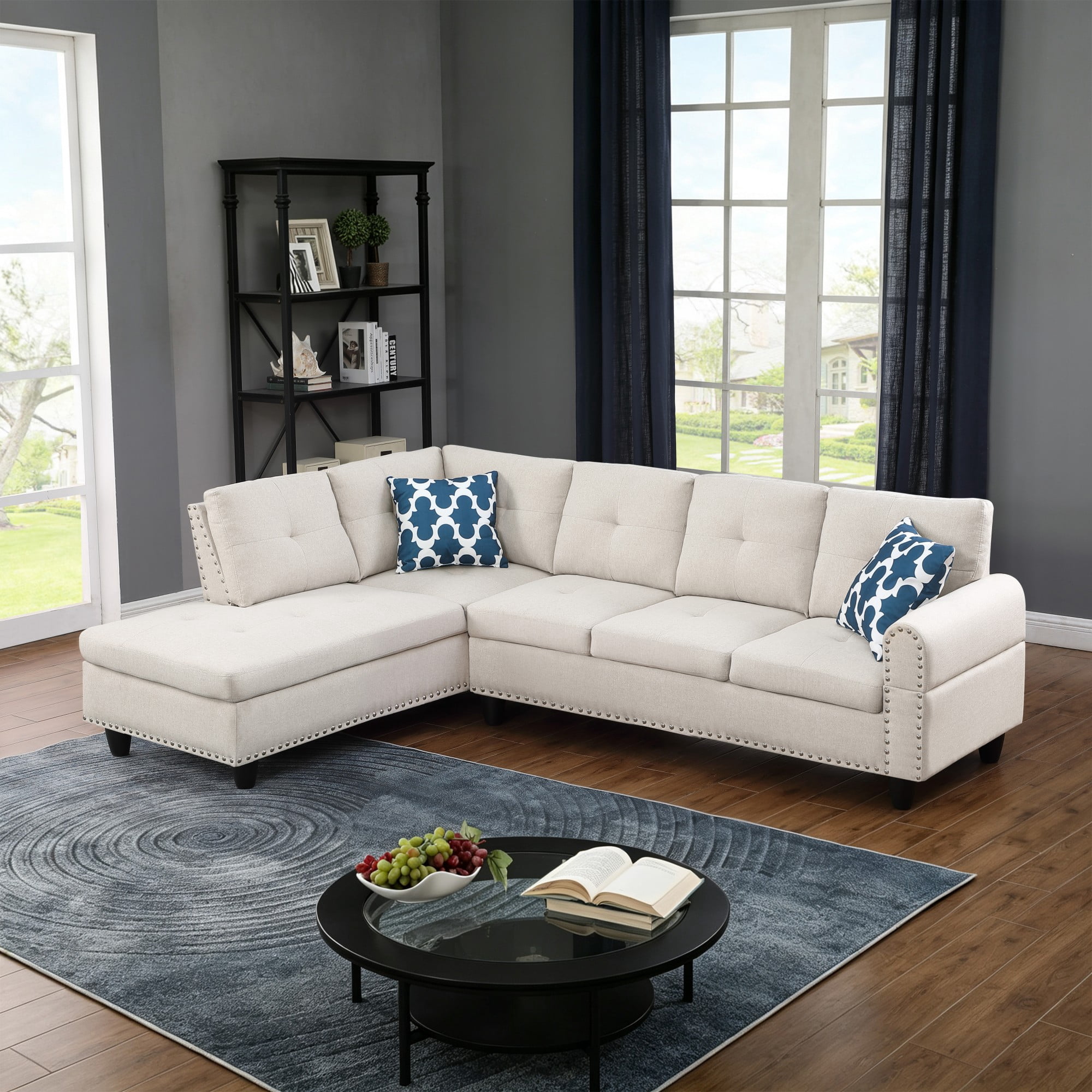 BSHTI 3-Seat Contemporary Linen L-Shaped Sectional Sofa with Chaise, Pull-Down Cup Holders, Toss Pillows for Living Room（Beige）