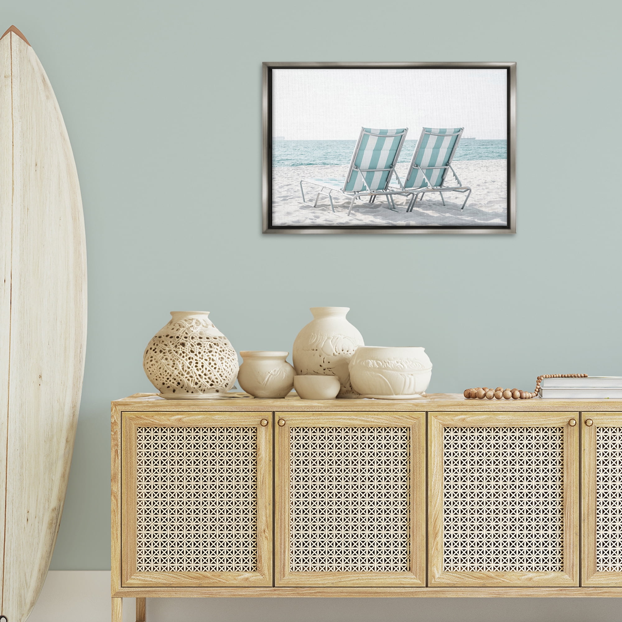 Stupell Industries Blue Beach Chairs Pair Nautical & Beach Photography Gray Floater Framed Canvas Art Print Wall Art, 31 x 21