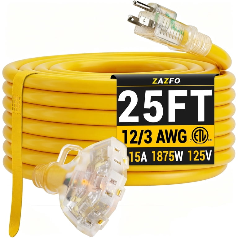 ZAZFO 25 Ft 12 AWG Extension Cord, 3-Outlet, Weatherproof photo 1